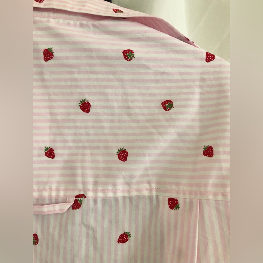 Nine West pink white striped strawberry button down menswear shirt size large - Picture 11 of 16
